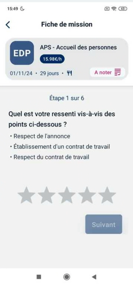 Écran de notation d'une mission avec les 6 questions et le système d'étoiles pour évaluer chaque question